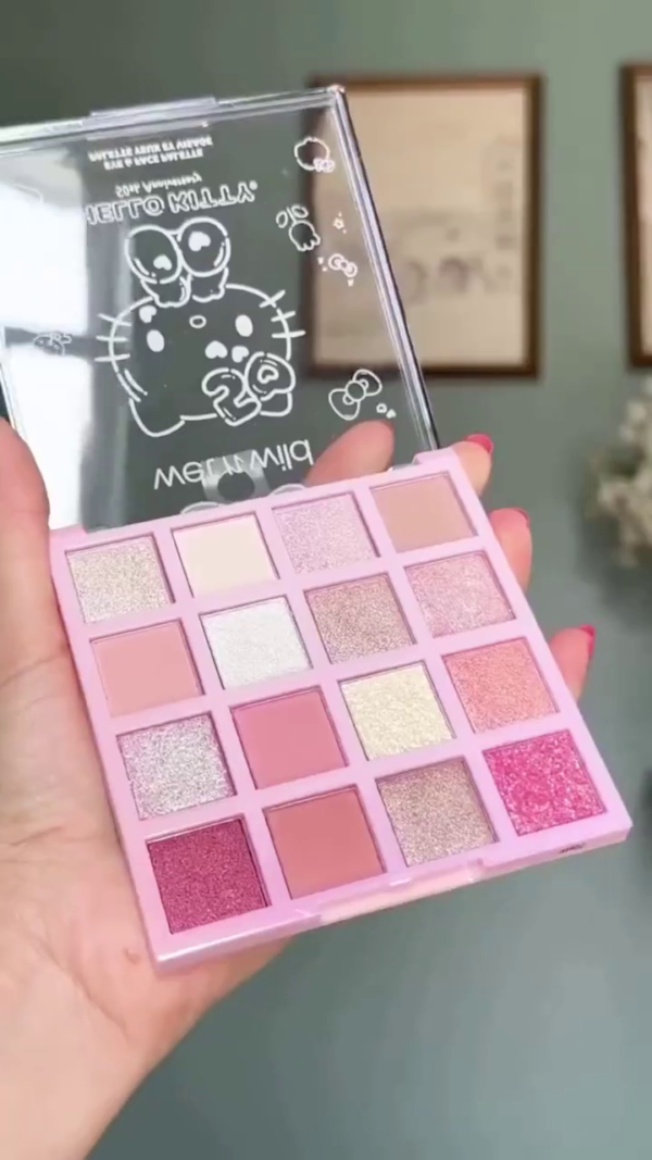 Limited Edition Makeup Collection Set - Featuring Glitter Mascara, Makeup Sponge, Eyeshadow Palette, Glossy Lip Tints, Eyelash Curler, Lip Balm, and Cosmetic Accessories in a Cute Pink Hello Kitty Design - Image 2
