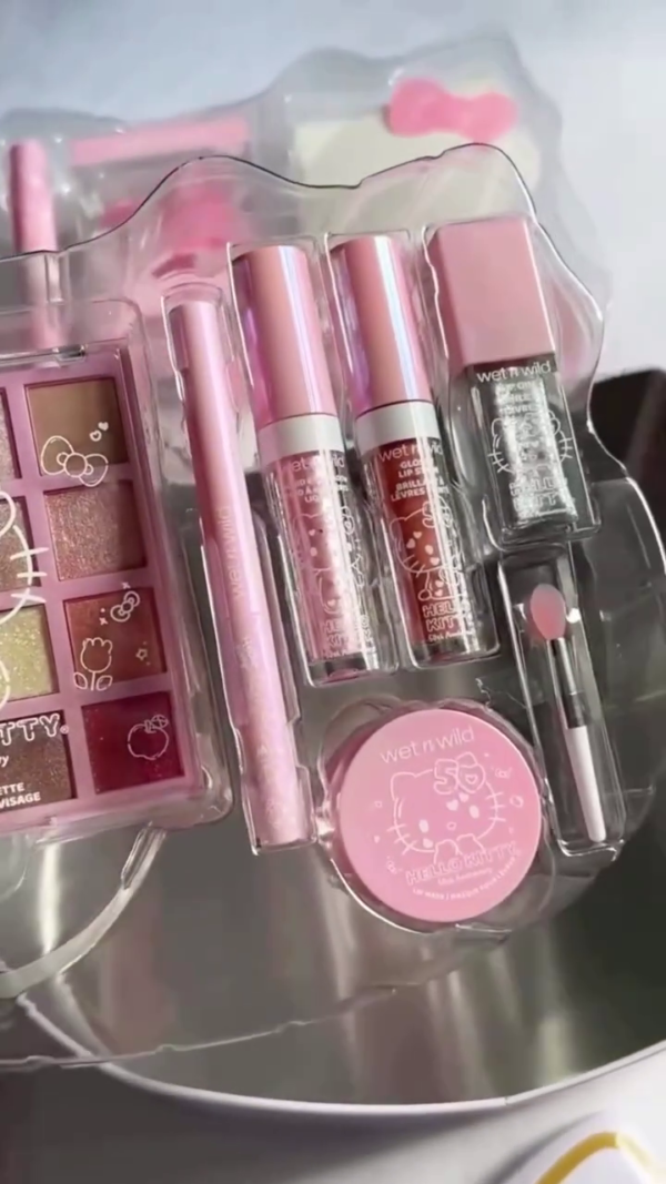 Limited Edition Makeup Collection Set - Featuring Glitter Mascara, Makeup Sponge, Eyeshadow Palette, Glossy Lip Tints, Eyelash Curler, Lip Balm, and Cosmetic Accessories in a Cute Pink Hello Kitty Design - Image 3