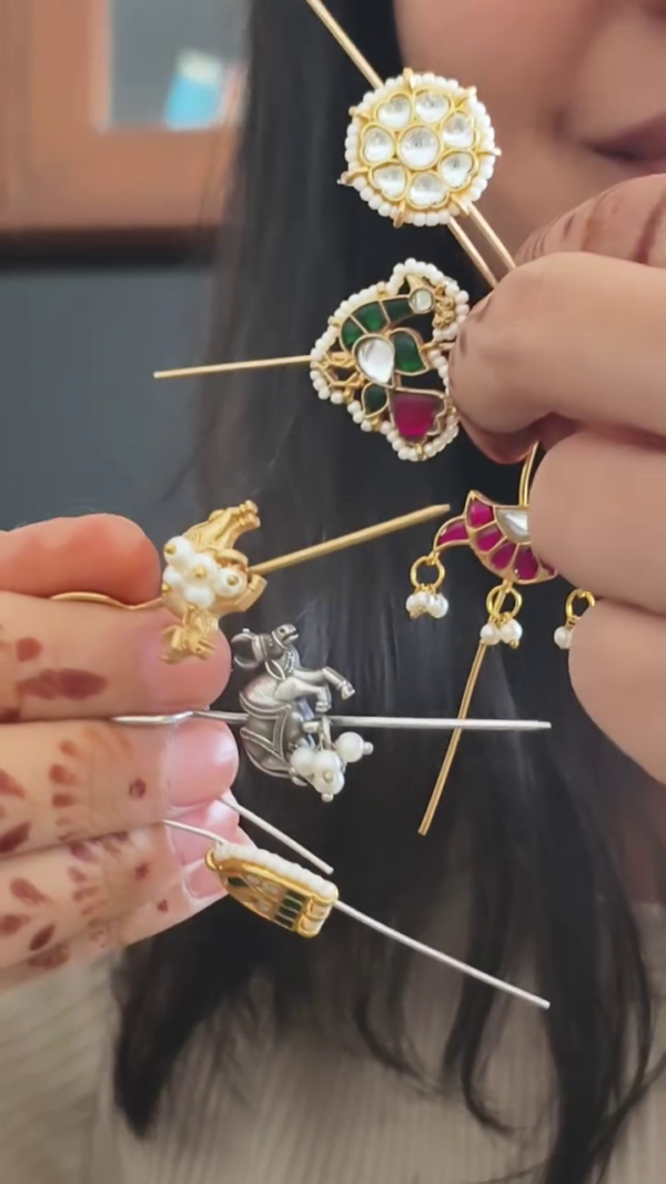 Handcrafted Traditional Ear Pins for Women – Ethnic Kundan, Temple, and Meenakari Design Ear Cuffs with Pearl Drops – Unique Indian Jewelry for Festive, Wedding & Cultural Wear – Elegant Antique Gold and Silver Finish Styles
