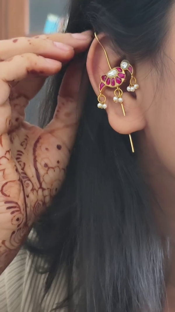 Handcrafted Traditional Ear Pins for Women – Ethnic Kundan, Temple, and Meenakari Design Ear Cuffs with Pearl Drops – Unique Indian Jewelry for Festive, Wedding & Cultural Wear – Elegant Antique Gold and Silver Finish Styles - Image 2