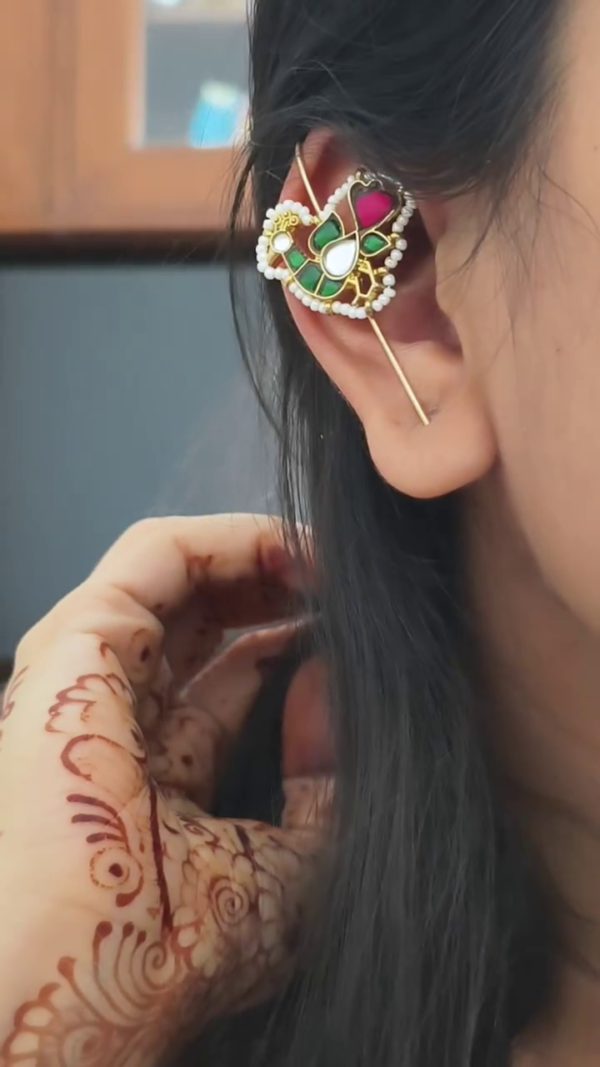 Handcrafted Traditional Ear Pins for Women – Ethnic Kundan, Temple, and Meenakari Design Ear Cuffs with Pearl Drops – Unique Indian Jewelry for Festive, Wedding & Cultural Wear – Elegant Antique Gold and Silver Finish Styles - Image 3
