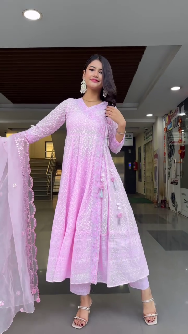 Light Pink Embroidered Anarkali Suit Set with Gota Lace Detailing, Tie-Knot Waist Design, Matching Straight Pants, and Sheer Dupatta Adorned with Scalloped Edges and Sequin Floral Work