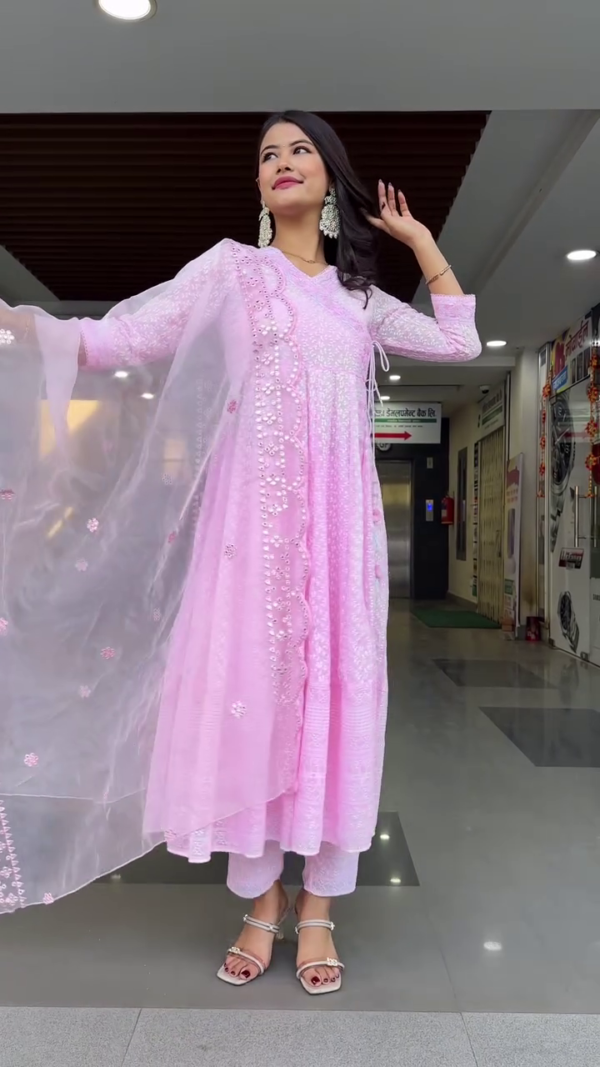 Light Pink Embroidered Anarkali Suit Set with Gota Lace Detailing, Tie-Knot Waist Design, Matching Straight Pants, and Sheer Dupatta Adorned with Scalloped Edges and Sequin Floral Work - Image 3