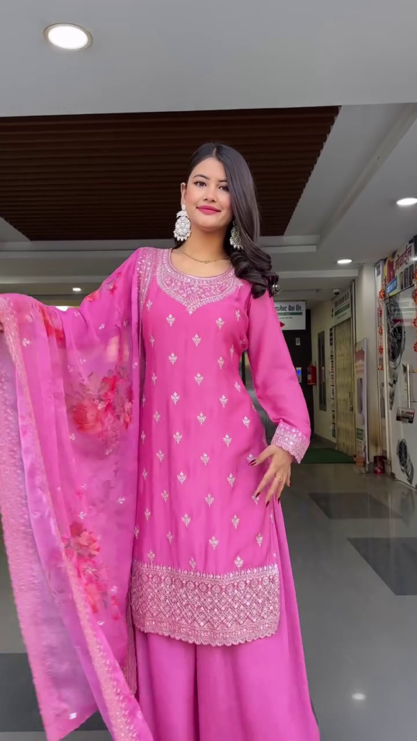 Pink Embroidered Straight Kurta Set with Palazzo Pants and Floral Dupatta – Featuring Intricate Sequin Work, Long Sleeves, and Traditional Detailing for Festive and Ethnic Wear - Image 3