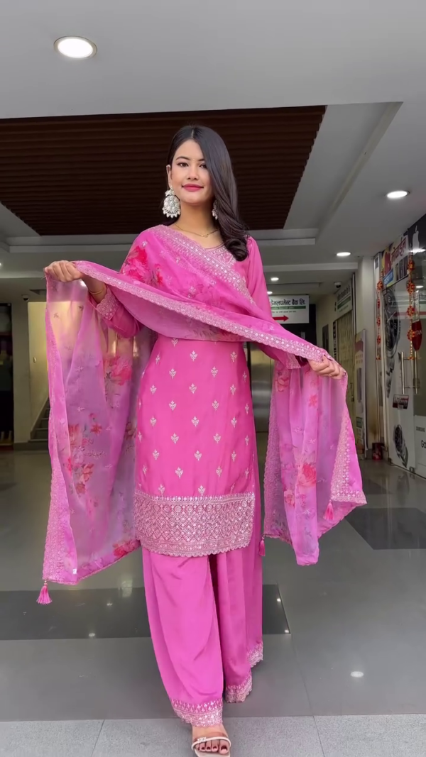 Pink Embroidered Straight Kurta Set with Palazzo Pants and Floral Dupatta – Featuring Intricate Sequin Work, Long Sleeves, and Traditional Detailing for Festive and Ethnic Wear
