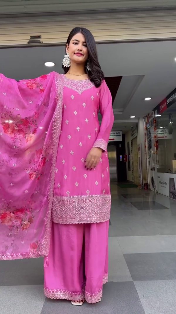 Pink Embroidered Straight Kurta Set with Palazzo Pants and Floral Dupatta – Featuring Intricate Sequin Work, Long Sleeves, and Traditional Detailing for Festive and Ethnic Wear - Image 2