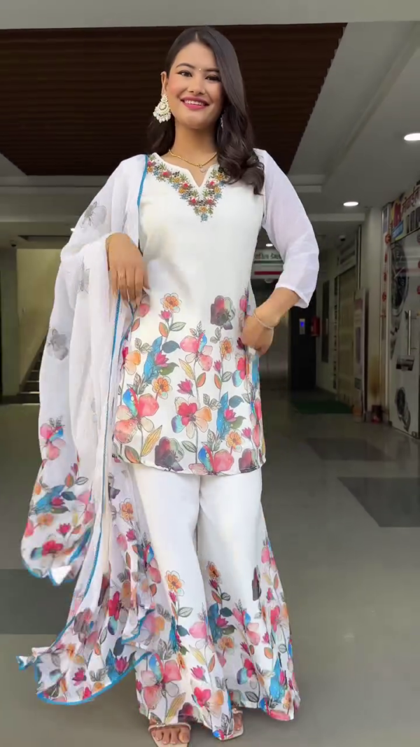 White Floral Printed Kurta Set with Flared Palazzo Pants and Matching Dupatta – Featuring a Delicate Multicolor Watercolor Floral Design, Sheer Sleeves, and Embroidered Neckline for a Graceful Traditional Look - Image 2