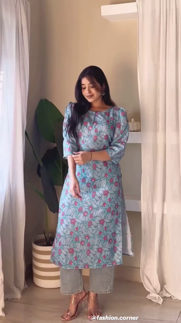 Floral Printed Straight Kurti with Puff Sleeves Paired with Denim – Available in Variant Colors Casual Ethnic Wear for Women