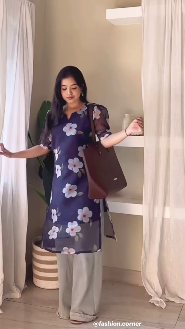 Floral Printed Straight Kurti with Puff Sleeves Paired with Denim – Available in Variant Colors Casual Ethnic Wear for Women - Image 2