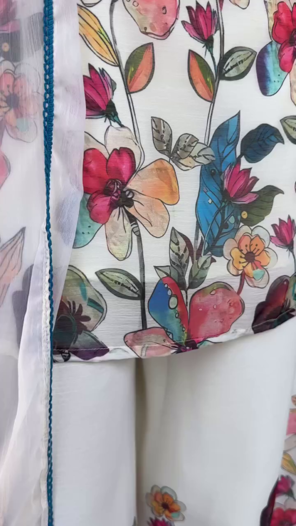 White Floral Printed Kurta Set with Flared Palazzo Pants and Matching Dupatta – Featuring a Delicate Multicolor Watercolor Floral Design, Sheer Sleeves, and Embroidered Neckline for a Graceful Traditional Look - Image 3