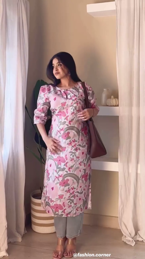 Floral Printed Straight Kurti with Puff Sleeves Paired with Denim – Available in Variant Colors Casual Ethnic Wear for Women - Image 3