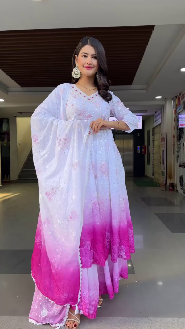 White and Pink Ombre Anarkali Suit Set with Floral Embroidery, Sequins Detailing, Matching Dupatta, and Flared Palazzo – Perfect for Festive, Wedding, and Traditional Occasions
