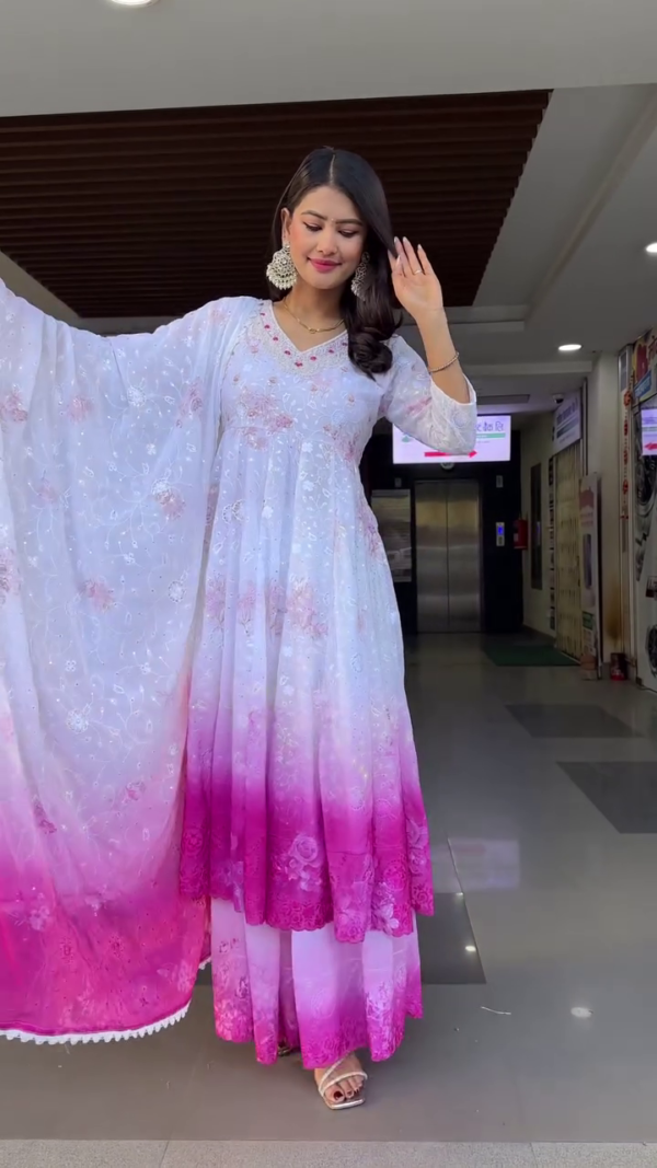 White and Pink Ombre Anarkali Suit Set with Floral Embroidery, Sequins Detailing, Matching Dupatta, and Flared Palazzo – Perfect for Festive, Wedding, and Traditional Occasions - Image 2