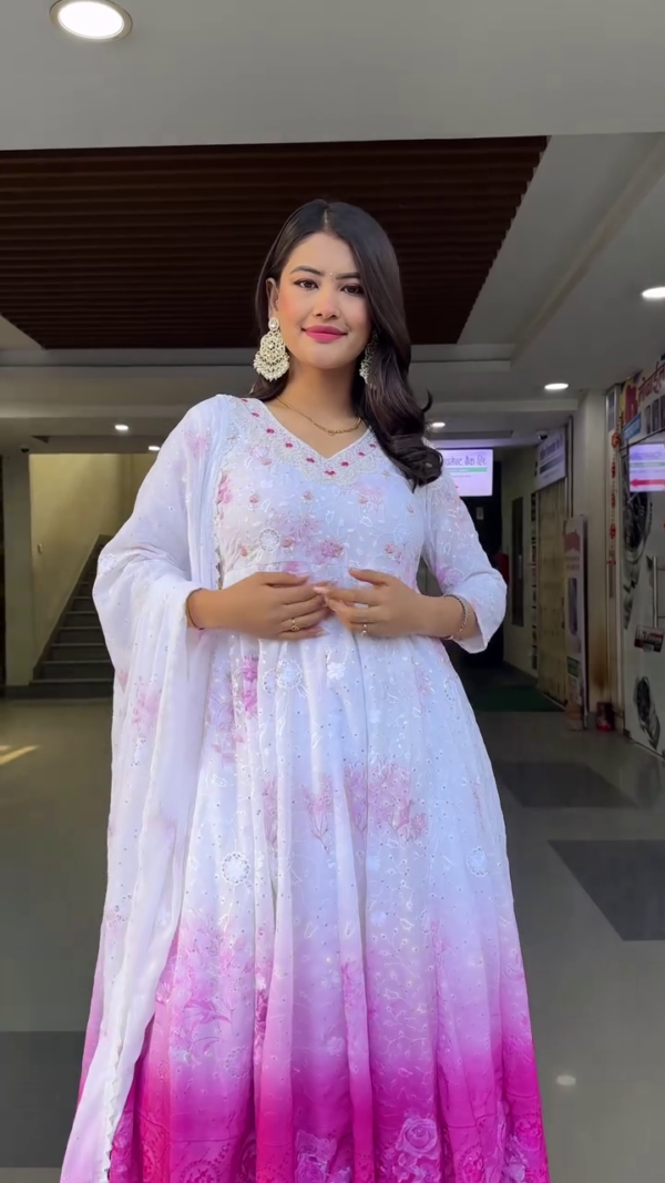 White and Pink Ombre Anarkali Suit Set with Floral Embroidery, Sequins Detailing, Matching Dupatta, and Flared Palazzo – Perfect for Festive, Wedding, and Traditional Occasions - Image 3