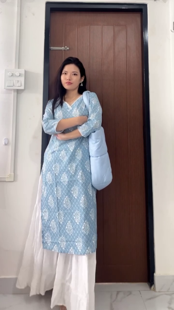Elegant Cotton Printed Kurta Set for Women Combo of Multi Shades Kurta with Traditional Motifs, Paired with Flowy White Palazzo Pants – Ethnic Indian Daily Wear with Soft Quilted Shoulder Bag - Image 3