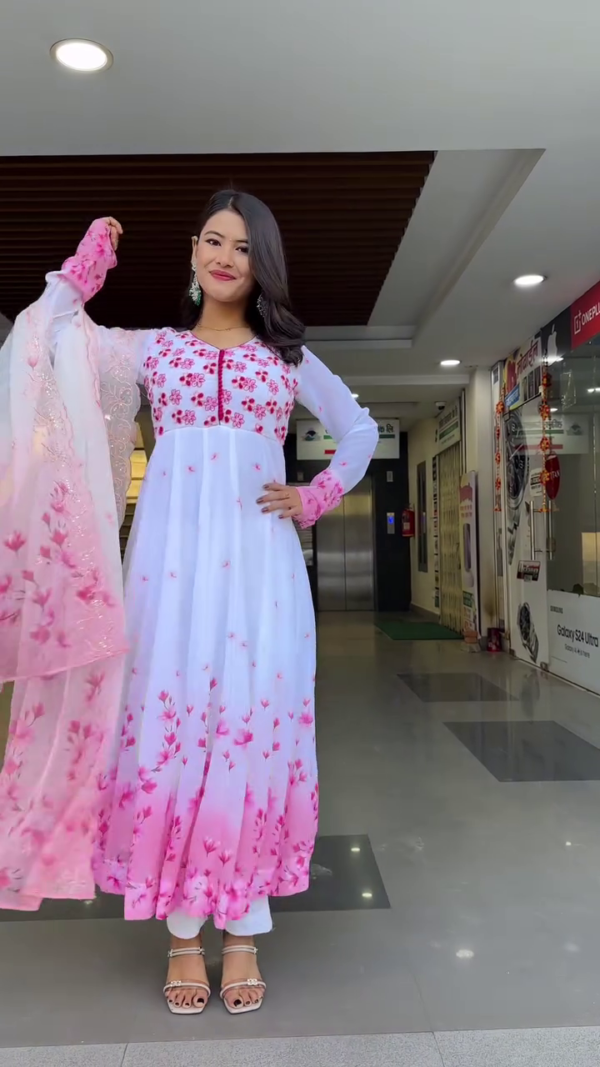 White and Pink Floral Printed Anarkali Suit with Embroidered Bodice, Full Sleeves, Matching Dupatta, and Palazzo Pants – Ideal for Festive and Ethnic Occasions - Image 2