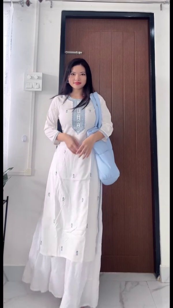 Dual Set of Embroidered Cotton Kurta for Women – Ethnic Long Kurtis with Intricate Thread Work, Paired with Flowy Palazzo Pants – Perfect for Casual, Office & Festive Wear