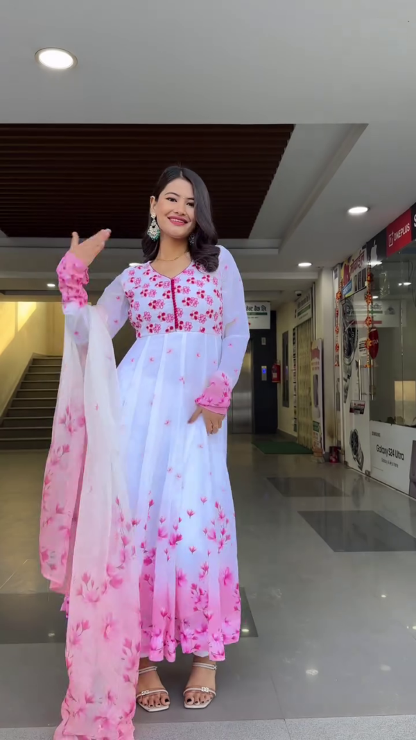 White and Pink Floral Printed Anarkali Suit with Embroidered Bodice, Full Sleeves, Matching Dupatta, and Palazzo Pants – Ideal for Festive and Ethnic Occasions