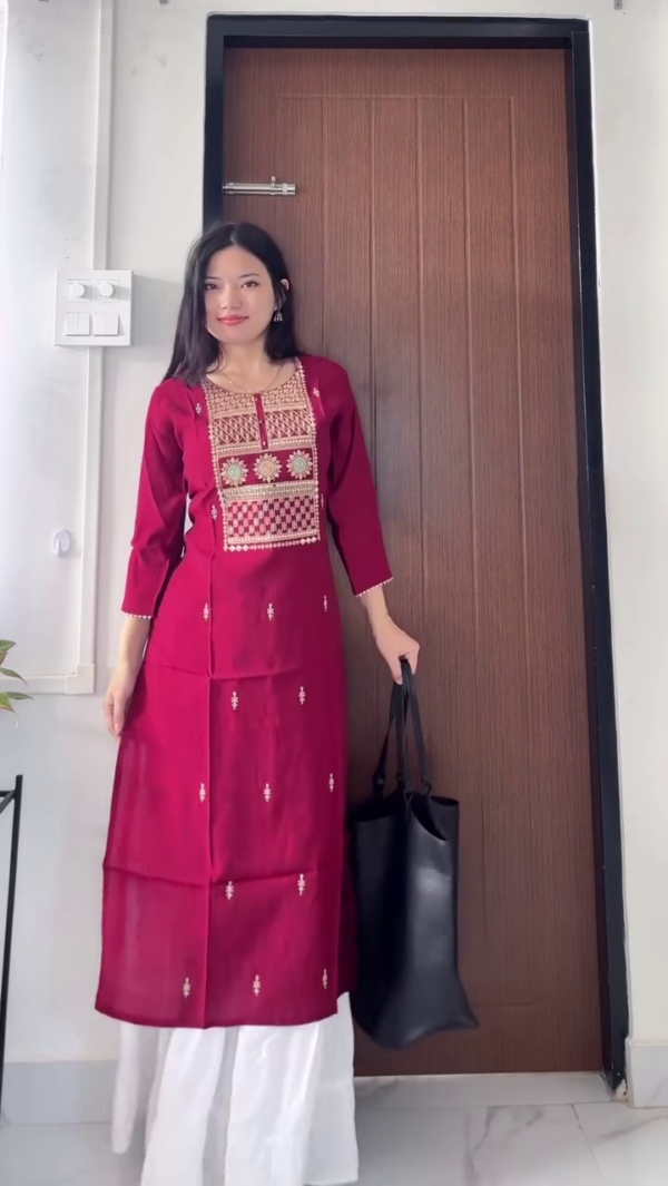 Dual Set of Embroidered Cotton Kurta for Women – Ethnic Long Kurtis with Intricate Thread Work, Paired with Flowy Palazzo Pants – Perfect for Casual, Office & Festive Wear - Image 2