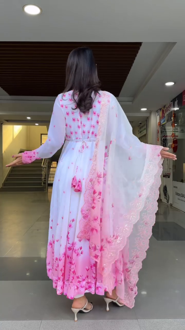 White and Pink Floral Printed Anarkali Suit with Embroidered Bodice, Full Sleeves, Matching Dupatta, and Palazzo Pants – Ideal for Festive and Ethnic Occasions - Image 3