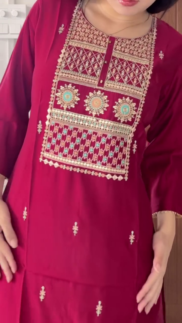 Dual Set of Embroidered Cotton Kurta for Women – Ethnic Long Kurtis with Intricate Thread Work, Paired with Flowy Palazzo Pants – Perfect for Casual, Office & Festive Wear - Image 3