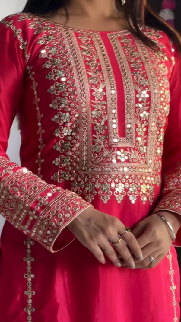 Rani Pink Heavy Embroidered Straight Salwar Suit Set with Intricate Golden Thread Work, Designer Kurta, Matching Embellished Pants and Dupatta – Perfect for Festive and Wedding Occasions - Image 3