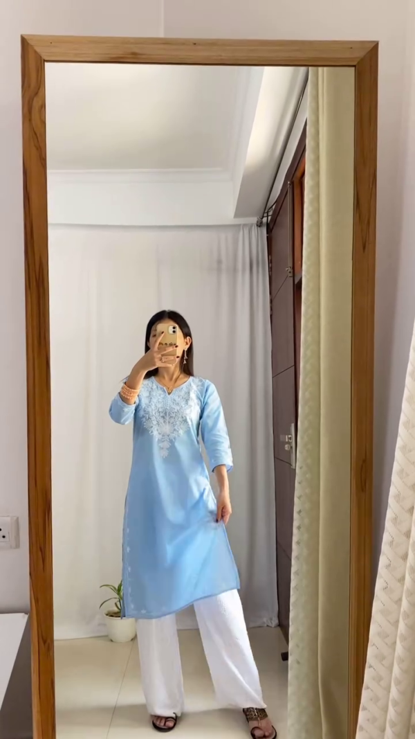 Embroidered Cotton Straight Kurta Set for Women featuring Elegant Sky Blue and Royal Purple Color Options with White Palazzo Pants, 3/4 Sleeves, and Intricate Front Thread Work – Perfect for Everyday Comfort and Ethnic Style