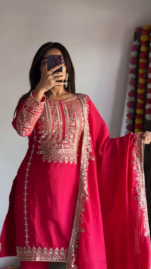 Rani Pink Heavy Embroidered Straight Salwar Suit Set with Intricate Golden Thread Work, Designer Kurta, Matching Embellished Pants and Dupatta – Perfect for Festive and Wedding Occasions - Image 2