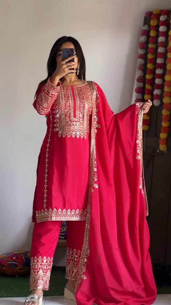 Rani Pink Heavy Embroidered Straight Salwar Suit Set with Intricate Golden Thread Work, Designer Kurta, Matching Embellished Pants and Dupatta – Perfect for Festive and Wedding Occasions