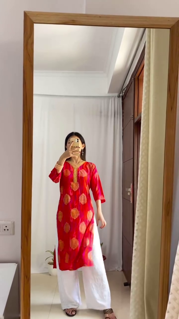 Embroidered Cotton Straight Kurta Set for Women featuring Elegant Sky Blue and Royal Purple Color Options with White Palazzo Pants, 3/4 Sleeves, and Intricate Front Thread Work – Perfect for Everyday Comfort and Ethnic Style - Image 4