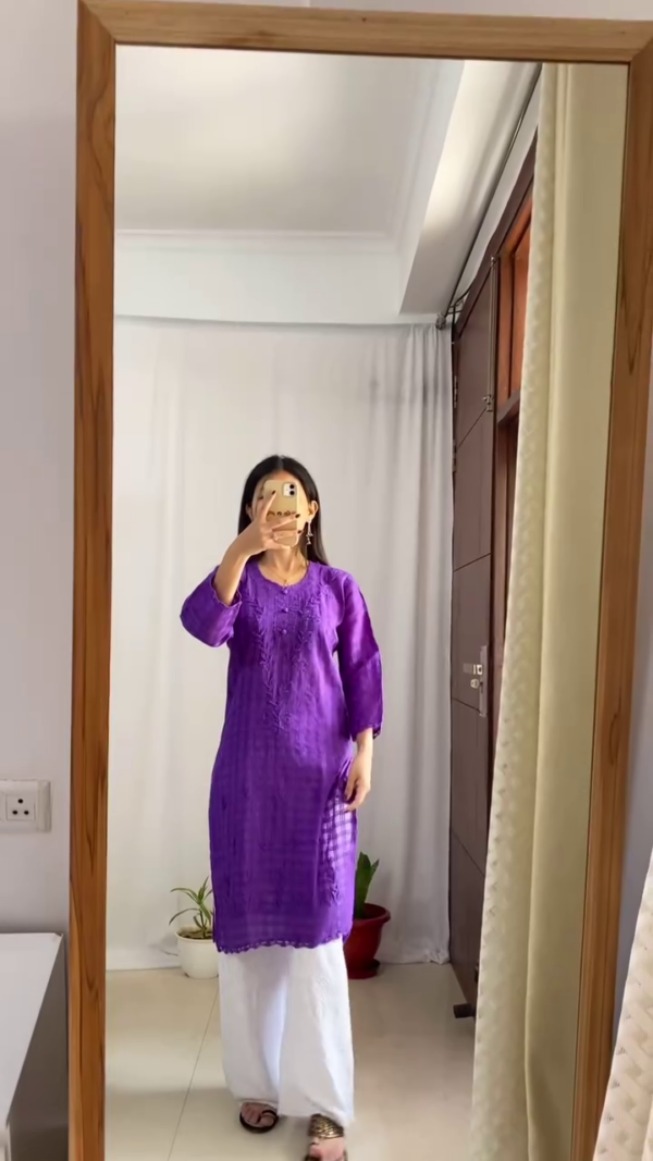 Embroidered Cotton Straight Kurta Set for Women featuring Elegant Sky Blue and Royal Purple Color Options with White Palazzo Pants, 3/4 Sleeves, and Intricate Front Thread Work – Perfect for Everyday Comfort and Ethnic Style - Image 3