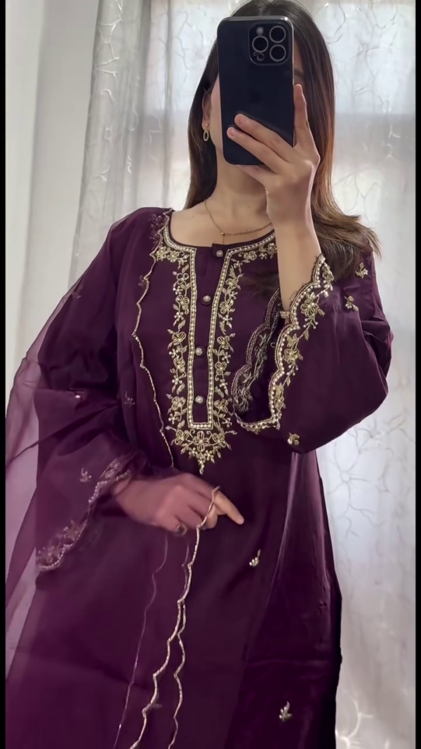 Royal Plum Purple Embroidered Straight Cut Salwar Suit Set with Delicate Golden Zari Detailing, Sheer Organza Dupatta, Designer Kurta and Scalloped Edges – Ideal for Festive, Party and Ethnic Celebrations - Image 2