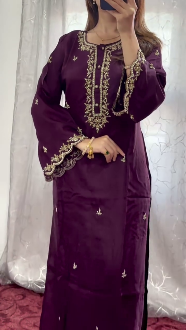 Royal Plum Purple Embroidered Straight Cut Salwar Suit Set with Delicate Golden Zari Detailing, Sheer Organza Dupatta, Designer Kurta and Scalloped Edges – Ideal for Festive, Party and Ethnic Celebrations - Image 3