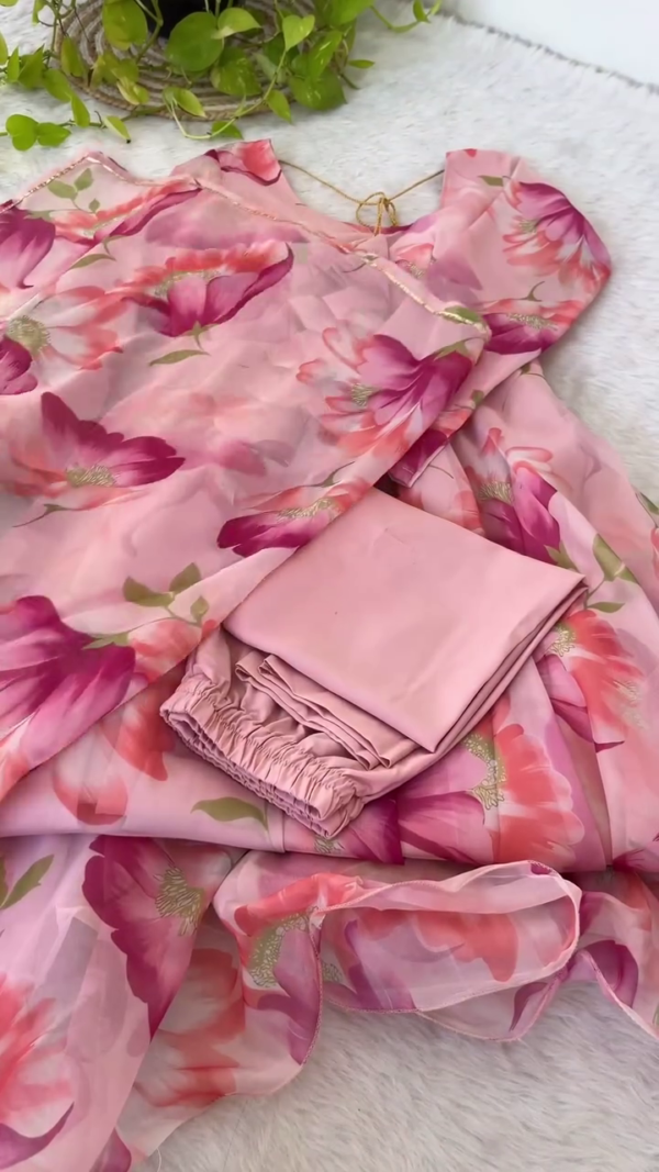 Graceful Light Pink Floral Printed Organza Salwar Suit Set with Soft Inner Lining, Matching Bottom, and Flowing Dupatta for Elegant Summer and Casual Ethnic Wear - Image 2