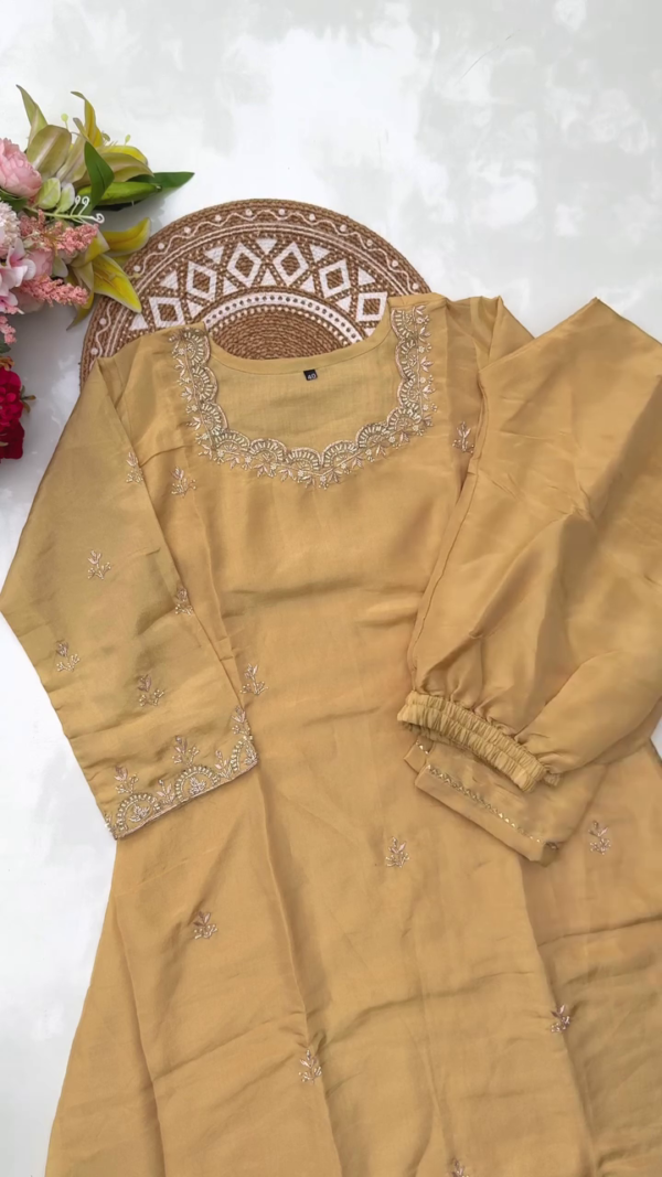 Mustard Yellow Embroidered Organza Suit Set Featuring Delicate Thread Work on Neckline, Sleeves, and Dupatta – Comes with Matching Elastic Waist Bottoms and Sheer Dupatta for a Graceful Ethnic Look - Image 2