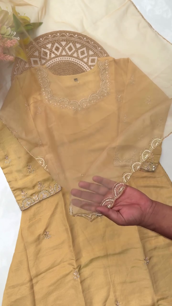 Mustard Yellow Embroidered Organza Suit Set Featuring Delicate Thread Work on Neckline, Sleeves, and Dupatta – Comes with Matching Elastic Waist Bottoms and Sheer Dupatta for a Graceful Ethnic Look - Image 3