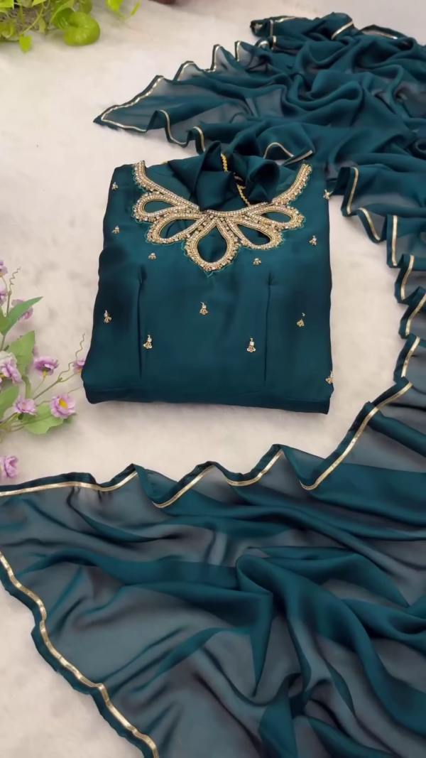 Teal Green Georgette Anarkali Style Suit with Intricate Neck Embroidery, Tie-Up Detailing, and Flowy Layered Flair Paired with Matching Sheer Dupatta for Festive and Special Occasions