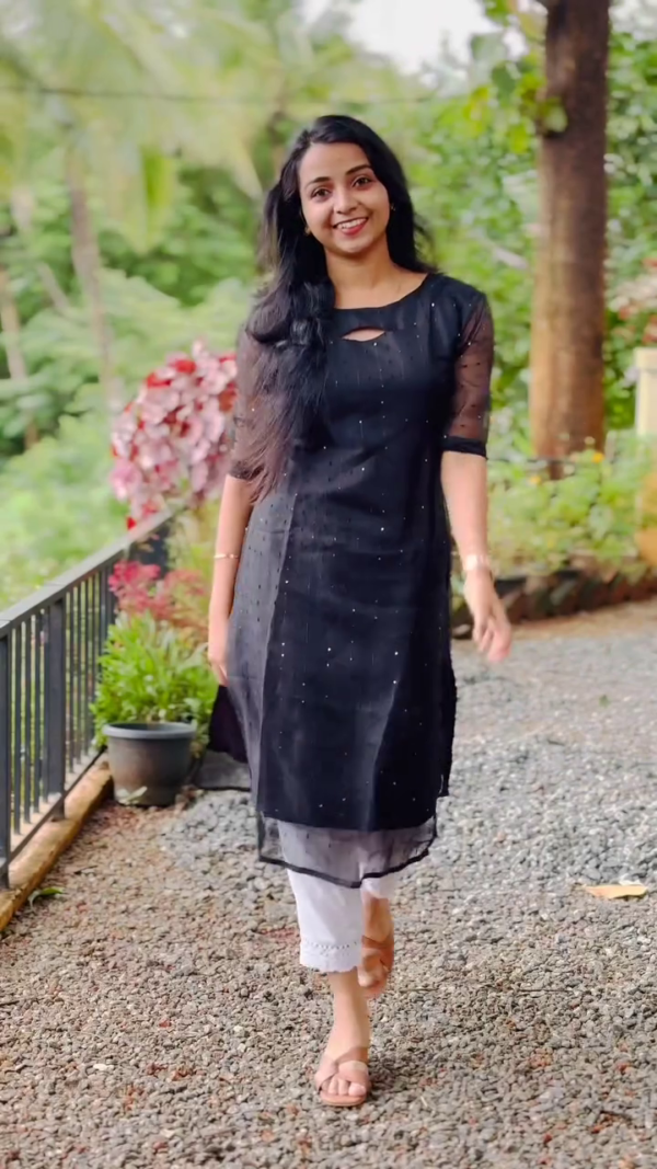 Stylish Dual Color Semi-Sheer Straight Kurti Set in Multi Shades with Subtle Sequin Detailing, Quarter Sleeves, Keyhole Neck Design, and Contrasting White Lace Hem Pants for Daily, Casual, and Office Wear