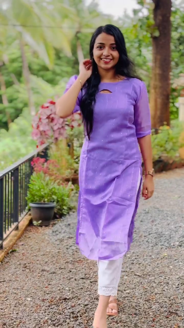 Stylish Dual Color Semi-Sheer Straight Kurti Set in Multi Shades with Subtle Sequin Detailing, Quarter Sleeves, Keyhole Neck Design, and Contrasting White Lace Hem Pants for Daily, Casual, and Office Wear - Image 2