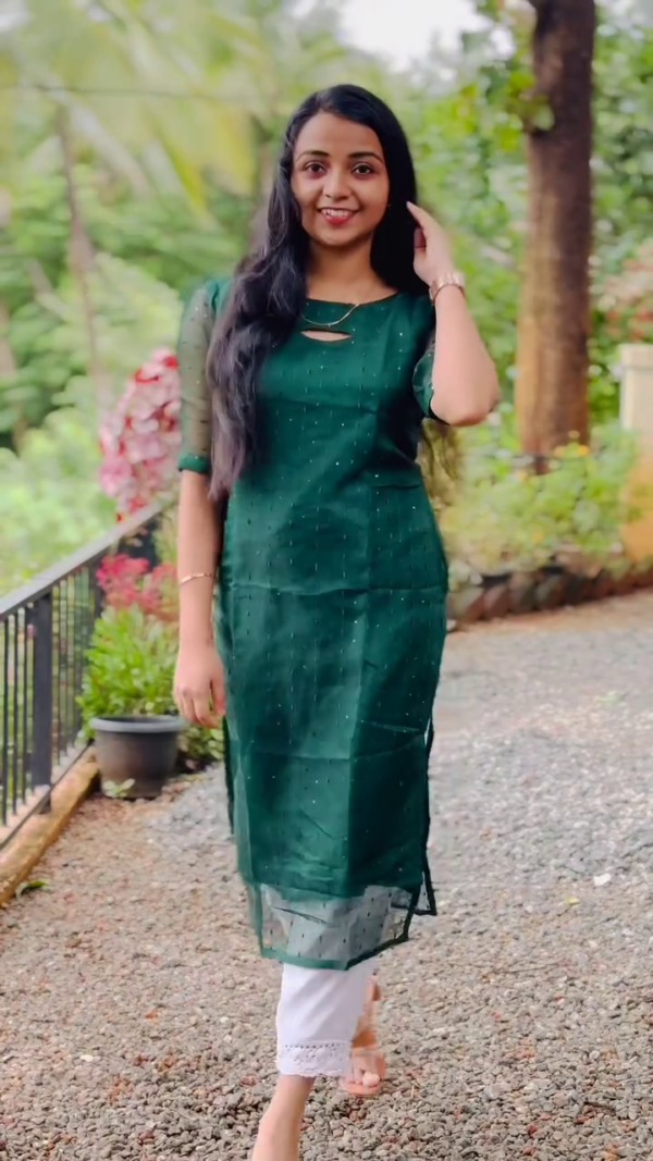 Stylish Dual Color Semi-Sheer Straight Kurti Set in Multi Shades with Subtle Sequin Detailing, Quarter Sleeves, Keyhole Neck Design, and Contrasting White Lace Hem Pants for Daily, Casual, and Office Wear - Image 4