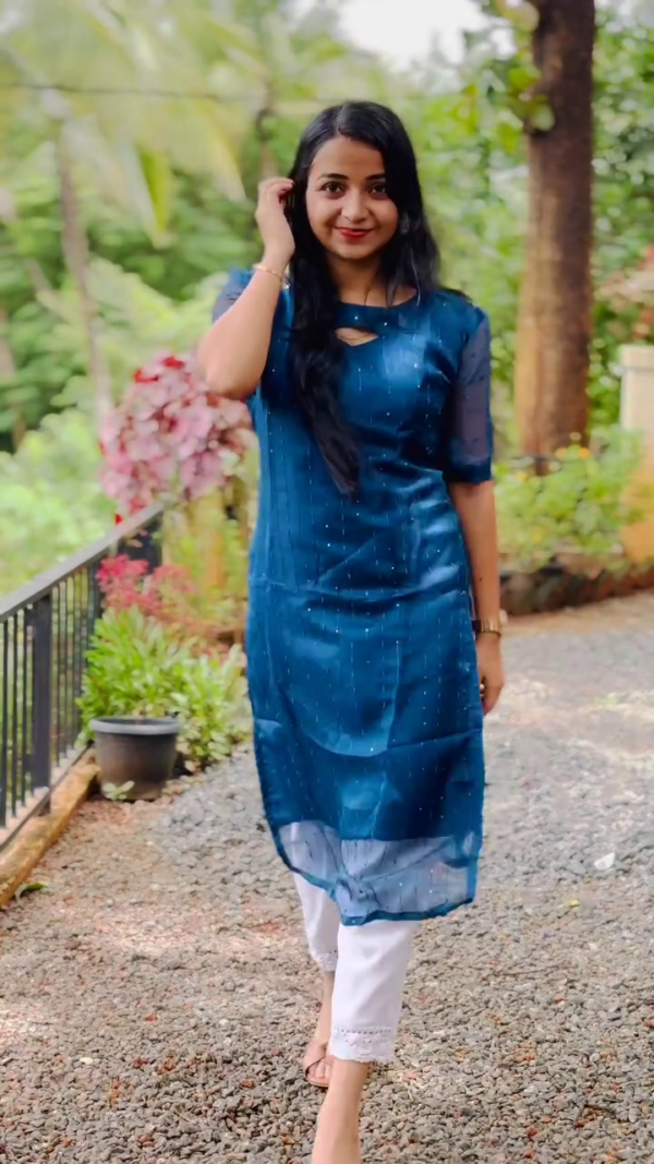 Stylish Dual Color Semi-Sheer Straight Kurti Set in Multi Shades with Subtle Sequin Detailing, Quarter Sleeves, Keyhole Neck Design, and Contrasting White Lace Hem Pants for Daily, Casual, and Office Wear - Image 3