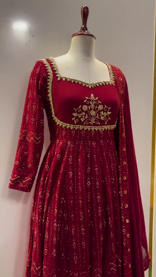 Maroon Georgette Anarkali Suit Set with Intricate Golden Embroidery, Sequinned Detailing, Full Sleeves, and Matching Embellished Dupatta for Festive and Wedding Wear - Image 2