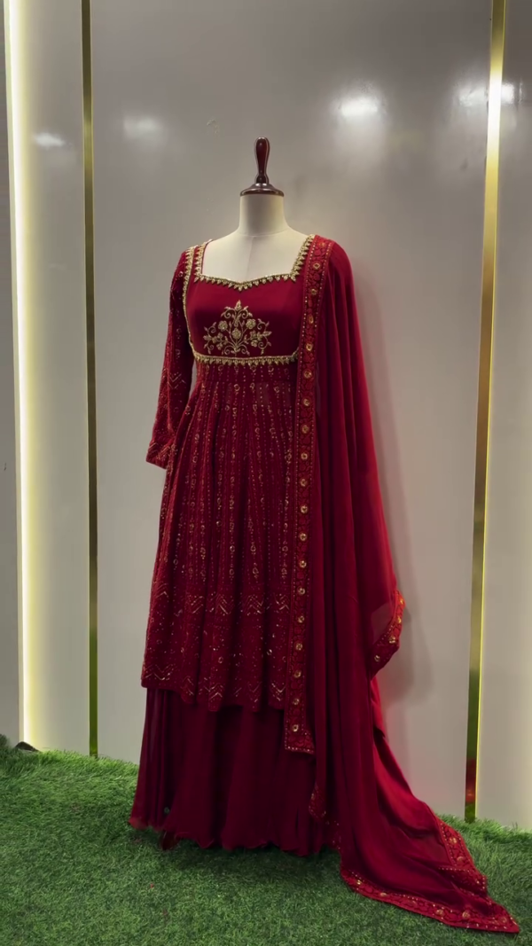 Maroon Georgette Anarkali Suit Set with Intricate Golden Embroidery, Sequinned Detailing, Full Sleeves, and Matching Embellished Dupatta for Festive and Wedding Wear