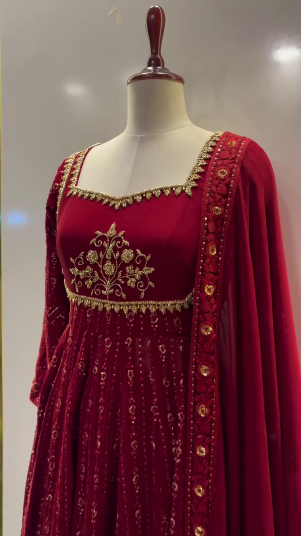 Maroon Georgette Anarkali Suit Set with Intricate Golden Embroidery, Sequinned Detailing, Full Sleeves, and Matching Embellished Dupatta for Festive and Wedding Wear - Image 3