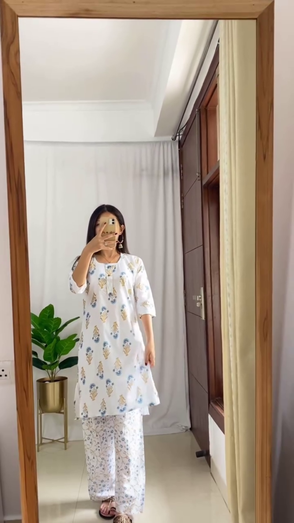 Summer Cotton Kurta Sets for Women Featuring Blue Embroidered Neckline Kurta with Solid Pants, Light Blue Paisley Printed Kurta with Zigzag Pattern Pants, and White Floral Printed Kurta with Coordinated Wide-Leg Bottoms – Perfect for Casual Ethnic Wear and Everyday Comfort - Image 3