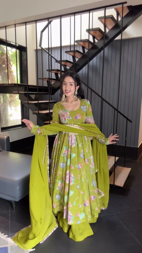 Olive Green Floral Embroidered Anarkali Suit with Dupatta Featuring Intricate Sequin Work and Full Flared Design for Festive and Wedding Wear
