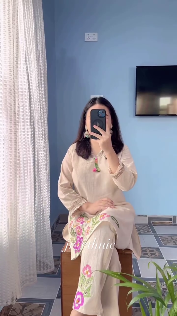 Beige Cotton Kurta Pant Set with Intricate Multicolor Floral Embroidery, Subtle Lace Detailing on Sleeves, and Stylish Tassel Neckline – Perfect for Festive and Casual Ethnic Wear - Image 2
