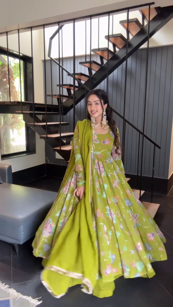 Olive Green Floral Embroidered Anarkali Suit with Dupatta Featuring Intricate Sequin Work and Full Flared Design for Festive and Wedding Wear - Image 2