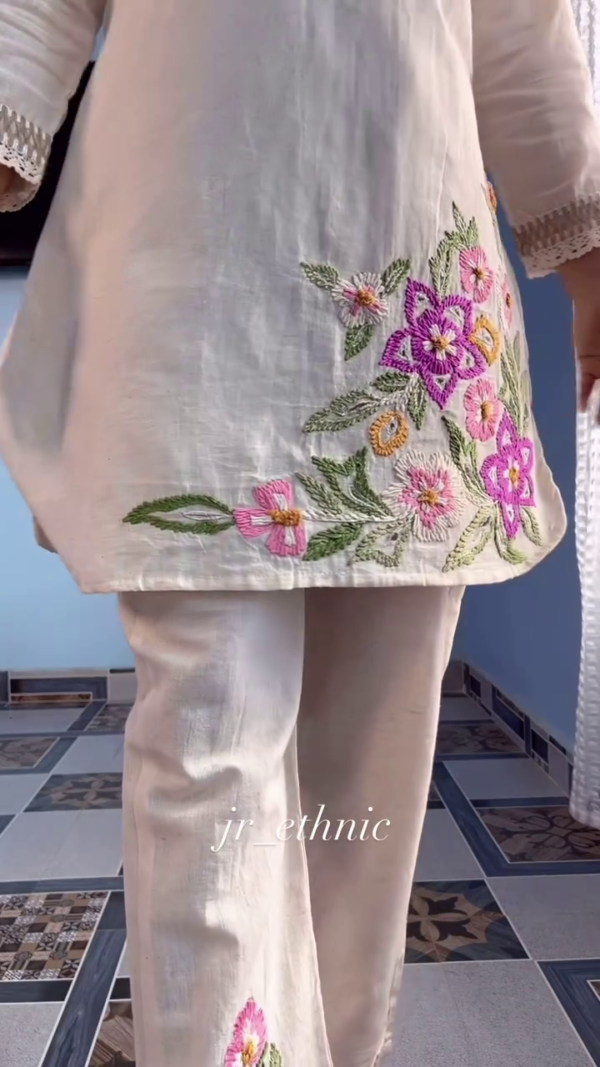 Beige Cotton Kurta Pant Set with Intricate Multicolor Floral Embroidery, Subtle Lace Detailing on Sleeves, and Stylish Tassel Neckline – Perfect for Festive and Casual Ethnic Wear - Image 3