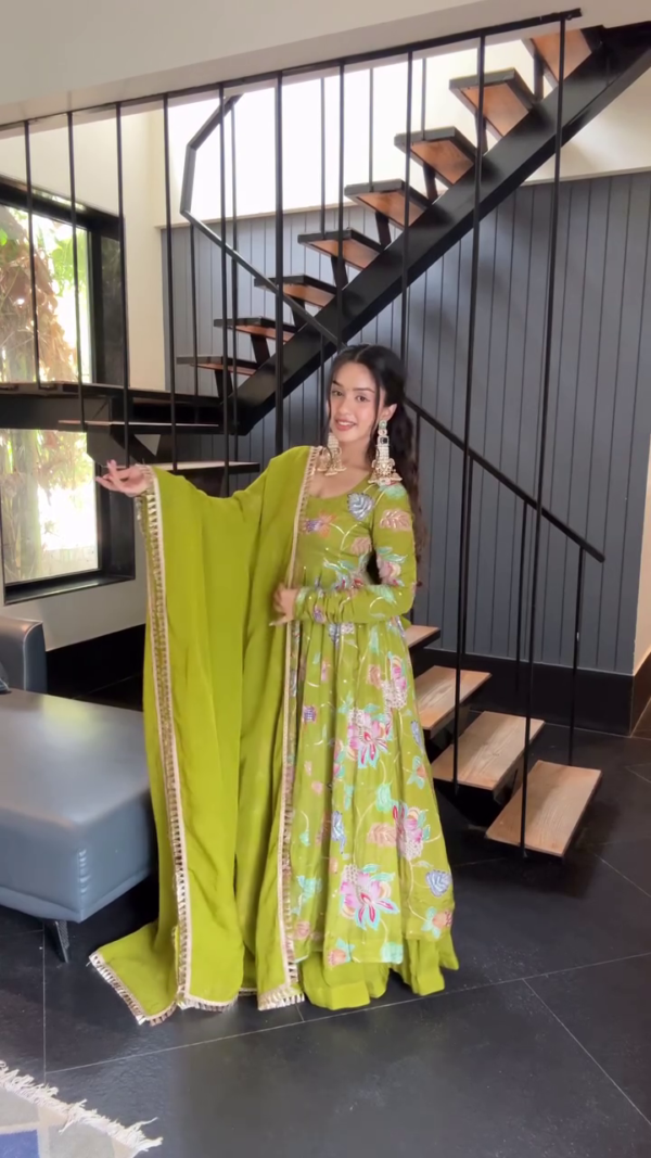 Olive Green Floral Embroidered Anarkali Suit with Dupatta Featuring Intricate Sequin Work and Full Flared Design for Festive and Wedding Wear - Image 4
